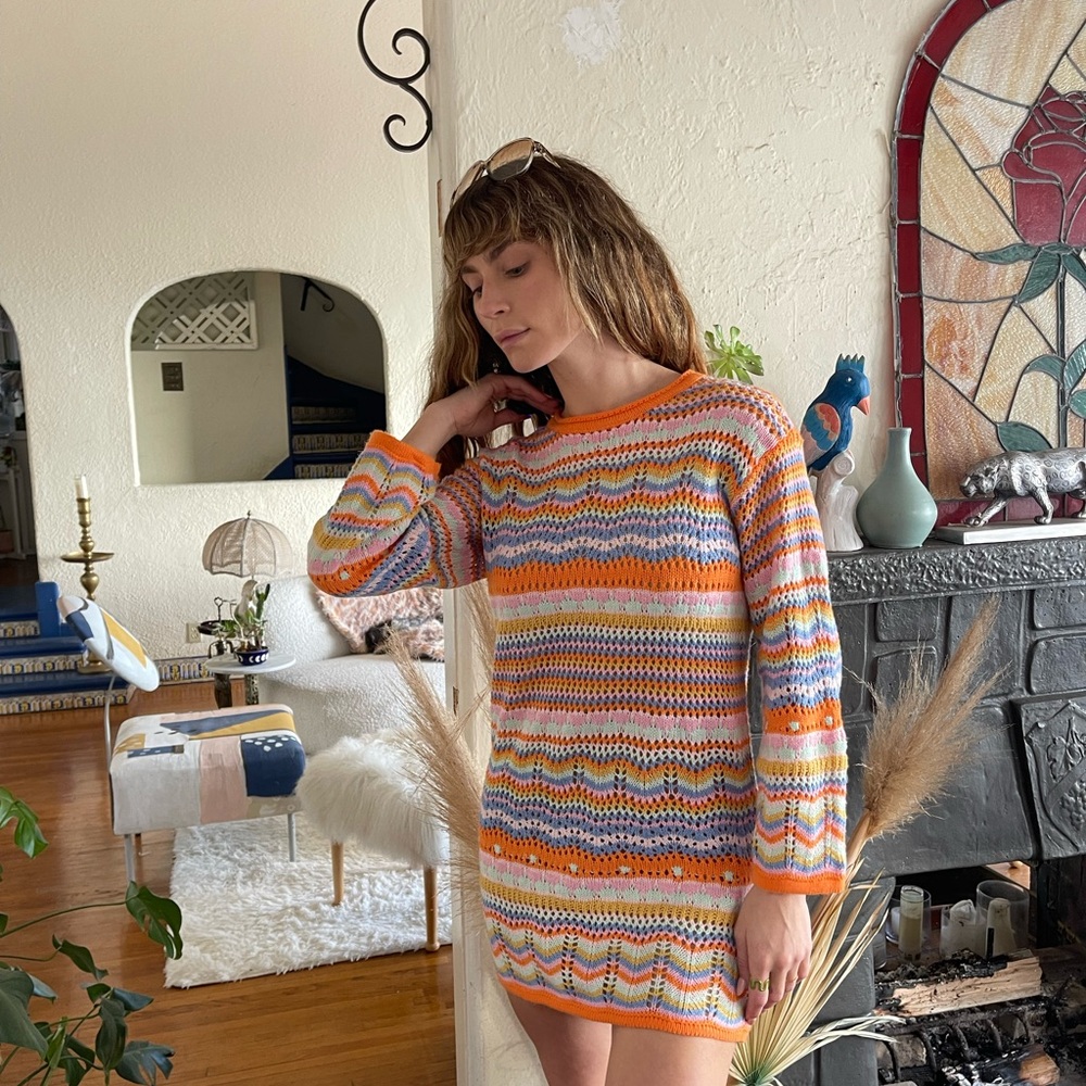 Crochet Striped Knit Sweater Mini Dress - Picture 3 of 10